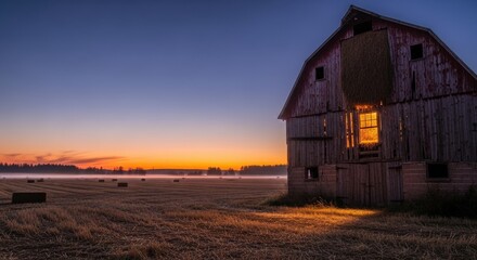 Old wooden barn with a glowing window stands in a misty field at sunset with hay bales