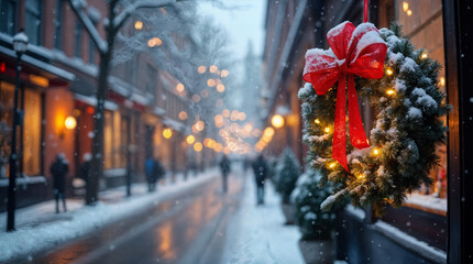 Obraz premium A snowy city street decorated with a Christmas wreath covered in snow, featuring a bright red bow and warm glowing lights