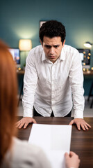 Fototapeta premium Stressed Young Businessman Leaning On Desk Looking At Document Held By HR Manager During Tense Meeting