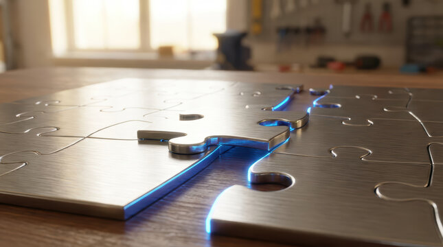 Close up of a large metallic jigsaw puzzle on a wooden surface with one piece slightly detached illuminated by a soft blue glow along the edges solution