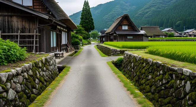 Beautiful Summer Japanese Countryside Landscape with Green Rice Paddies - Clean Asphalt Road passing Traditional Farmhouses under Blue Sky