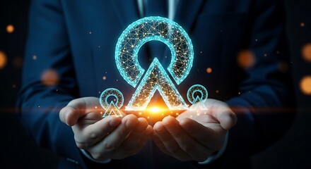 Businessman holding glowing digital network symbol in hands.