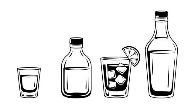 Monochromatic line art illustration set of assorted alcoholic beverage containers, including a shot glass, small flask, cocktail glass with ice and lime, and a spirit bottle