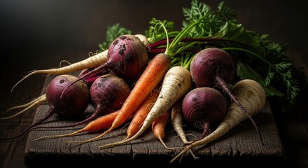 Freshly harvested beets carrots and parsnips with soil on a rustic dark wooden board for healthy cooking