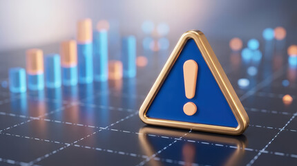 A 3D rendered warning sign with an exclamation mark in the center set against a blurred background of bar graphs and bokeh lights Danger Alert Hazard Symbol