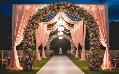 Glowing Floral Arch Entrance with Roses, Fairy Lights and Silk Drapes for Elegant Indian Evening Reception