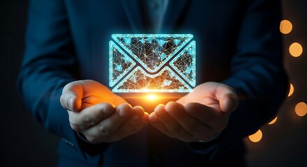 Businessman holding a glowing digital email icon, symbolizing communication and technology in a dark setting.