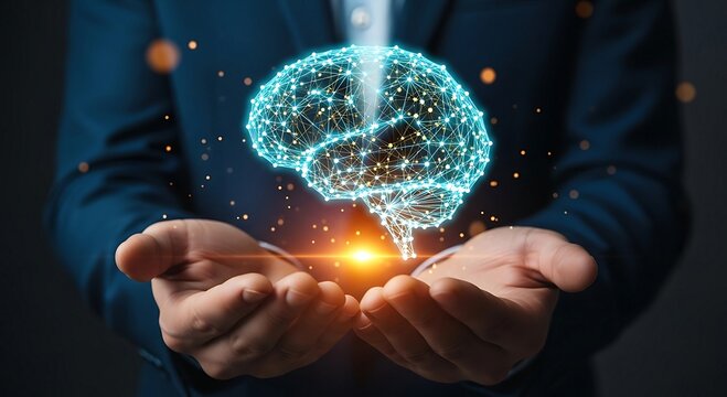 Businessman holding a glowing digital brain, representing artificial intelligence and innovative technology.