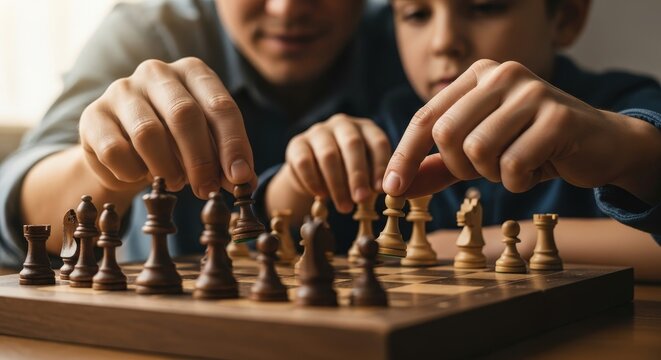 Adult teaching child how to play chess, making a move on a wooden board during a focused learning session indoors