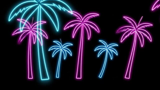 Neon Palm Trees Silhouette on Black.