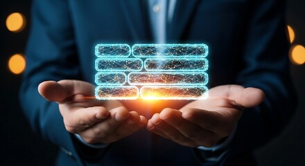 Businessman holding a glowing digital data stack representing blockchain technology and data security.