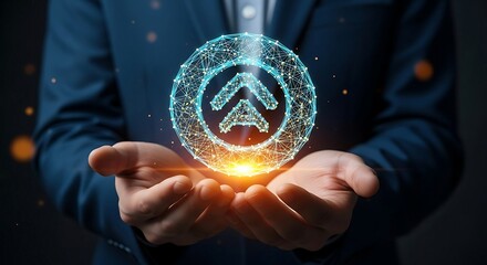 Businessman holding a glowing digital arrow symbol in a sphere, representing growth and innovation.