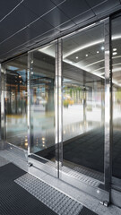 Modern automatic glass doors at commercial building entrance