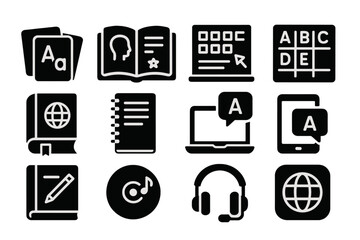Language Learning Icons. Solid style icons of language learning materials: flashcards, storybook, grammar chart, phonics board,