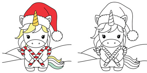 Christmas unicorn vector coloring page. Cute pony in Santa hat holding crossed candy canes. Winter holiday activity for kids. Line art and colored version.