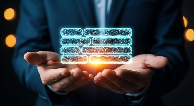 Businessman holding a glowing digital data stack representing blockchain technology and data security.