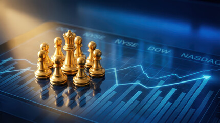 Golden chess pieces including a queen and pawns are strategically positioned on a digital stock market graph depicting financial charts and uptrends Strategy