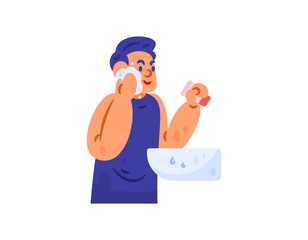 Illustration of a man using facial soap to clean his face. Washing your face. Treatment to maintain facial cleanliness and health. Flat style character design. White background