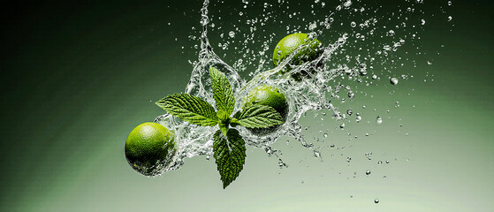 Fresh green limes with mint leaves splashing in water, creating a vibrant and refreshing composition for drinks and summer themes.