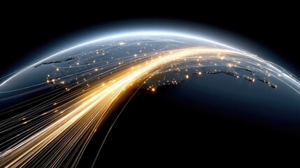 A stylized view of Earth from space at night, with glowing lines representing data or network connections flowing across continents, illuminated by city lights.