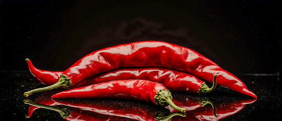 Fresh red chili peppers arranged on a black reflective surface, highlighting vibrant color, texture, and a spicy culinary vibe.