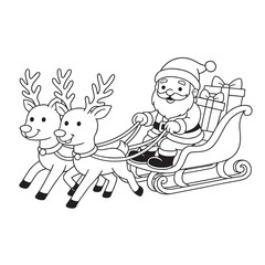 line art of santa claus on the sleigh full with presents led with 2 reindeers vector
