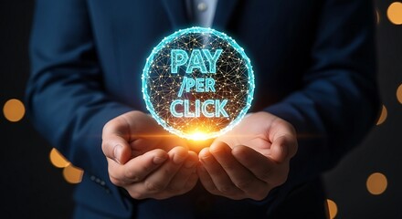 Businessman holding a glowing sphere with PAY PER CLICK text, symbolizing digital marketing and online advertising strategies.
