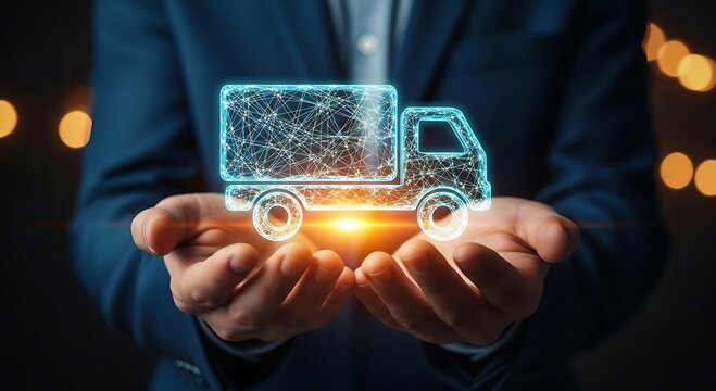Businessman holding a glowing digital truck, symbolizing modern logistics and delivery solutions.
