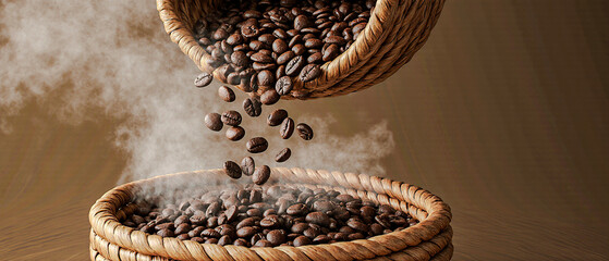 Freshly roasted coffee beans pouring into a basket, highlighting rich aroma, texture, and natural coffee preparation.