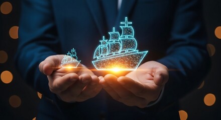 Businessman holding a glowing digital ship, symbolizing innovation and future technology in maritime transport.