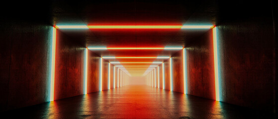 Glowing red, yellow, and cyan light bars shaping a minimal neon corridor, creating a futuristic tunnel with sharp lines and radiant depth.