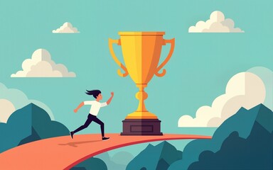 Roadmap to future success, career journey or business plan to reach target, achievement or step to develop and ambition achieve goal, businessman running on business roadmap to reach success trophy.