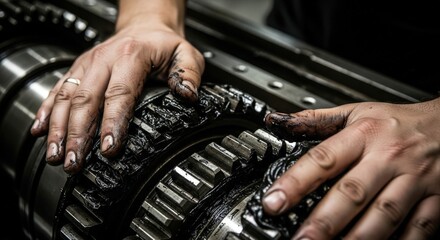 Dirty hands of mechanic working on greasy metal gears from a machine part in a workshop