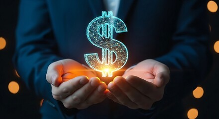 Businessperson holding glowing dollar sign, representing financial growth and investment success.