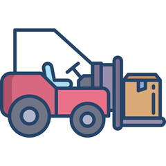 Red Forklift Truck Lifting a Cardboard Box with Purple Tines and Blue Accents on a Transparent Background