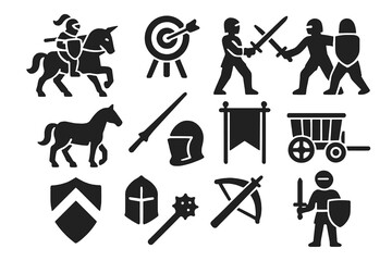 Medieval Game Icons. Solid style icons of medieval games: jousting knight, archery target, sword fight, horse, lance, tournament