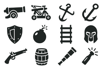Fototapeta premium Naval Warfare Icons. Solid style icons of naval warfare equipment: cannon, ballista, catapult, grappling hook, armor shield, fire