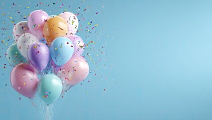 Pastel balloons float amidst colorful confetti burst