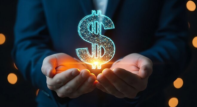 Businessperson holding glowing dollar sign, representing financial growth and investment success.