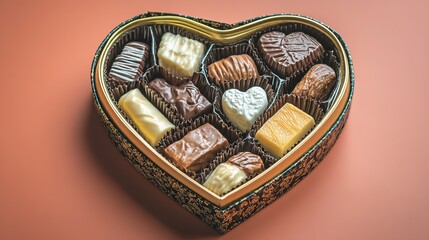 Flat lay heart chocolate box on vivid red studio set, premium shot for candy branding, menu cover, holiday poster