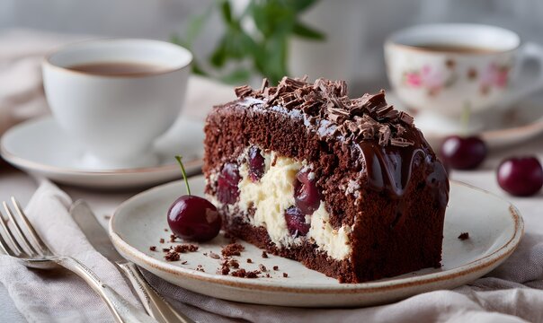 slice of chocolate loaf cake on a ceramic dessert plate, cozy table setting, the slice showing a perfect cross-section with a thick creamy cream-cheese filling and plenty of whole cherries baked insi - Powered by Adobe