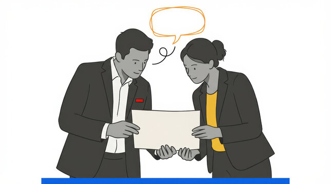 Two colleagues wearing suits look at a blank piece of paper one with a speech bubble above their head indicating discussion or a shared idea Meeting Collaboration