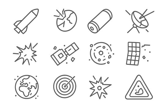 Space Debris Icons. Line style icons of space debris: rocket body, shattered lens, fuel tank, detached antenna; collision fragment