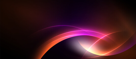 Abstract vibrant curves, flowing light. Warm colors blend into dark background. Dynamic composition creates energy, visual impact.