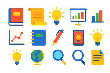 Vibrant Knowledge Icons. Flat vector icons of Knowledge & Research: Book, Scroll, Lightbulb, Chart, Graph, Notebook, Pen, Tablet,