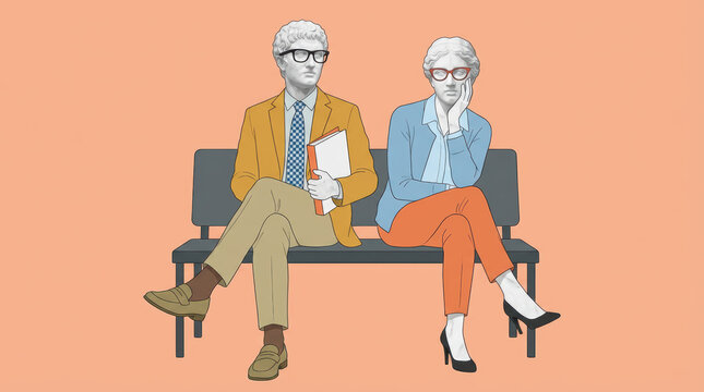 Two marble statues dressed in modern attire and wearing eyeglasses seated side by side on a bench a man holds a book sculpture art classical fashion sitting - Powered by Adobe