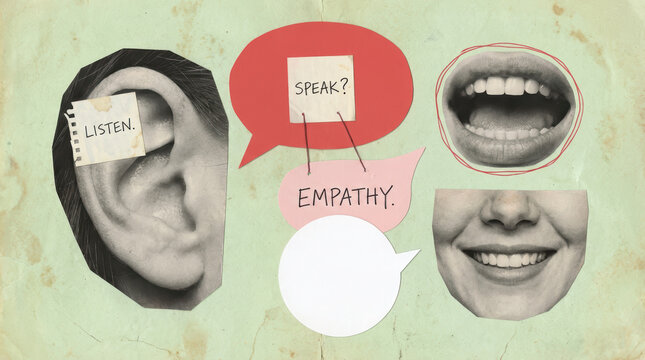 Collage of an ear labeled LISTEN speech bubbles with SPEAK and EMPATHY and a mouth and smile representing communication and understanding Dialogue Conversation