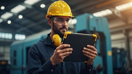 Factory Worker in Hard Hat Using Tablet Near Industrial Machinery - Powered by Adobe