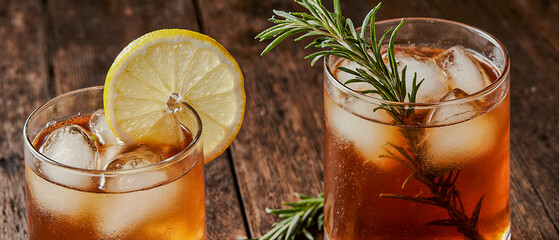 Refreshing iced tea or cocktail with ice, lemon slices, and rosemary on a rustic brown wooden table, perfect for summer and lifestyle visuals.