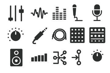 Fototapeta premium Audio Engineering Icons. Solid style icons of Audio Engineering: Mixer Fader, Sound Wave, Equalizer, Microphone Stand, Control